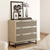 Dresser, 3 Drawers, Woven Rattan Fronts, Oak/Black, Metal Legs