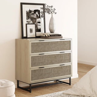 Dresser, 3 Drawers, Woven Rattan Fronts, Oak/Black, Metal Legs