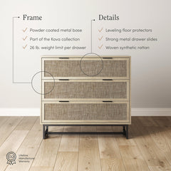 Dresser, 3 Drawers, Woven Rattan Fronts, Oak/Black, Metal Legs