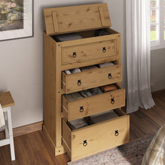Dresser, 4 Drawers, Solid Pine Wood, Brown