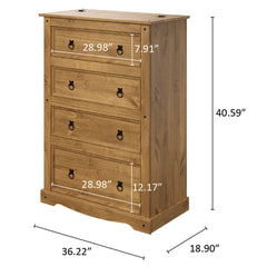 Dresser, 4 Drawers, Solid Pine Wood, Brown