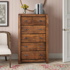 Dresser, 5 Drawers, Solid Wood in Rustic Walnut