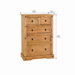 Dresser, 5 Drawers, Solid Wood, Rustic Brown, Black Metal Handles
