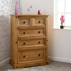 Dresser, 5 Drawers, Solid Wood, Rustic Brown, Black Metal Handles