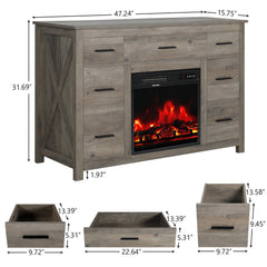 Dresser and Fireplace Mantel, 7 Drawers, Gray Engineered Wood