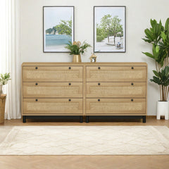 Dresser, Manufactured Wood, Woven Drawer Panels, Pine Legs, Oak