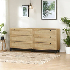 Dresser, Manufactured Wood, Woven Drawer Panels, Pine Legs, Oak