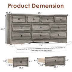 Dresser with 10 Drawers, Gray Manufactured Wood, Scalloped Edges