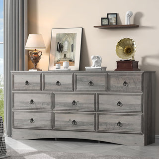 Dresser with 10 Drawers, Gray Manufactured Wood, Scalloped Edges