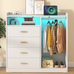 Dresser with Charging Station, 6 Drawers, Solid and Manufactured Wood, White