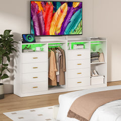 Dresser with Charging Station, 6 Drawers, Solid and Manufactured Wood, White