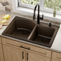 Drop-In Kitchen Sink, 60/40 Double Bowl, Quartz Composite, 33 x 22 In, Brown