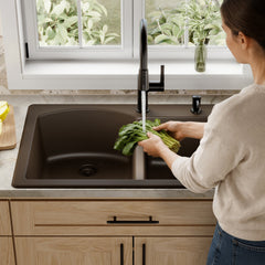 Drop-In Kitchen Sink, 60/40 Double Bowl, Quartz Composite, 33 x 22 In, Brown