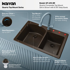 Drop-In Kitchen Sink, 60/40 Double Bowl, Quartz Composite, 33 x 22 In, Brown
