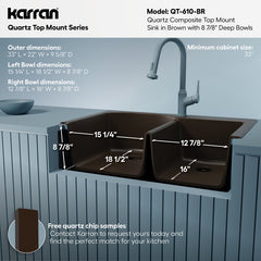 Drop-In Kitchen Sink, 60/40 Double Bowl, Quartz Composite, 33 x 22 In, Brown
