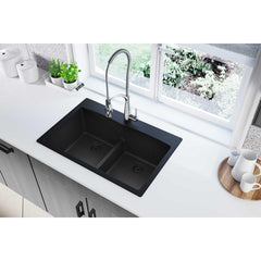 Drop-In Kitchen Sink, Quartz Classic, Double Basin, 33 x 22 in, Black