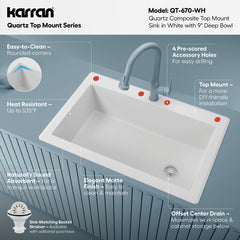 Drop-In Kitchen Sink, Single Bowl, 1-Hole, Quartz Composite, 33 x 22 Inch, White