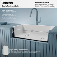 Drop-In Kitchen Sink, Single Bowl, 1-Hole, Quartz Composite, 33 x 22 Inch, White