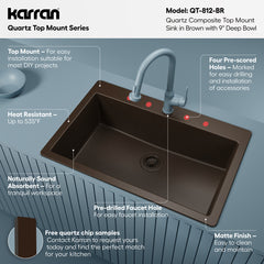 Drop-In Kitchen Sink, Single Bowl, Quartz, 33 x 22 Inch, Brown