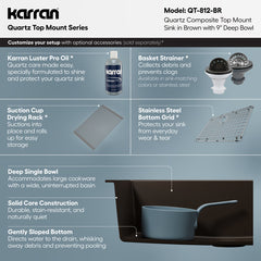 Drop-In Kitchen Sink, Single Bowl, Quartz, 33 x 22 Inch, Brown