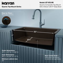 Drop-In Kitchen Sink, Single Bowl, Quartz, 33 x 22 Inch, Brown