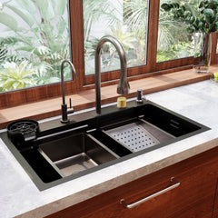 Drop-In Kitchen Sink Workstation, Single Bowl, 304 Stainless Steel, Matte Black