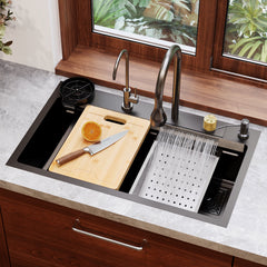 Drop-In Kitchen Sink Workstation, Single Bowl, 304 Stainless Steel, Matte Black