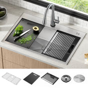 Drop-In Workstation Kitchen Sink, Rivet, 33 Inch Single Bowl in Stainless Steel