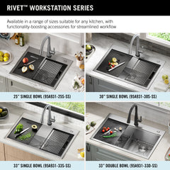 Drop-In Workstation Kitchen Sink, Rivet, 33 Inch Single Bowl in Stainless Steel