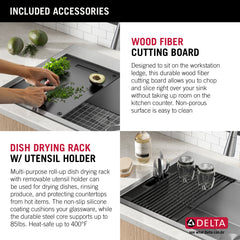 Drop-In Workstation Kitchen Sink, Rivet, 33 Inch Single Bowl in Stainless Steel