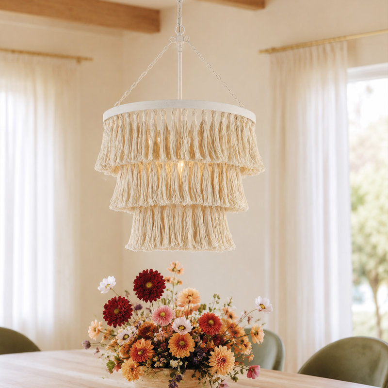 Drum Chandelier, 4-Light, Beige Cotton Fringe Shade with Iron Frame