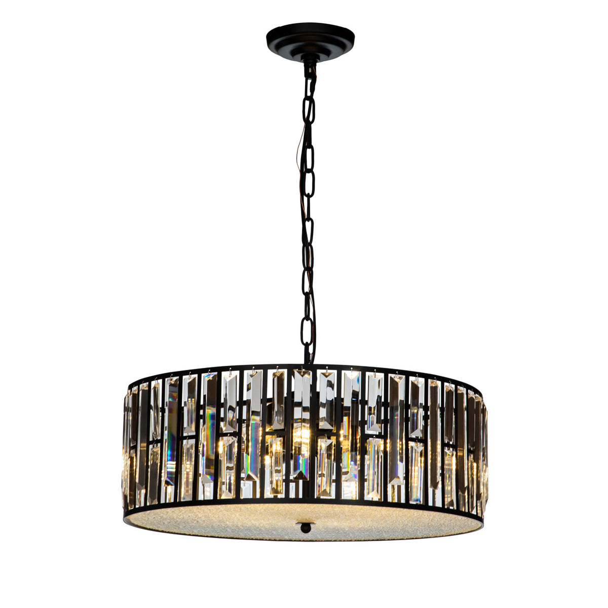 Drum Chandelier, 6-Light, Matte Black with Clear Crystal Shade