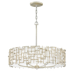 Drum Chandelier, 6-Light, Silver Metal with White Linen Shade