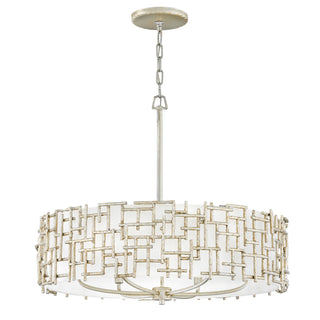 Drum Chandelier, 6-Light, Silver Metal with White Linen Shade