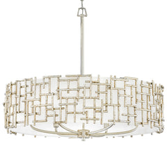 Drum Chandelier, 6-Light, Silver Metal with White Linen Shade