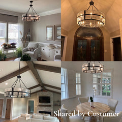 Drum Chandelier, 8 Lights, Matte Black Metal with Clear Glass Shade