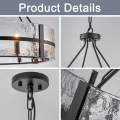 Drum Chandelier, 8 Lights, Matte Black Metal with Clear Glass Shade