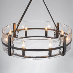 Drum Chandelier, 8 Lights, Matte Black Metal with Clear Glass Shade