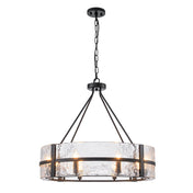 Drum Chandelier, 8 Lights, Matte Black Metal with Clear Glass Shade