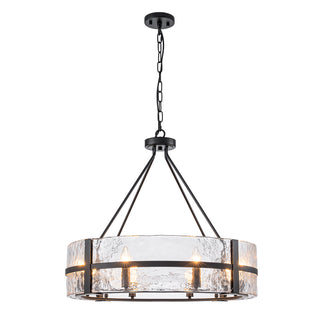 Drum Chandelier, 8 Lights, Matte Black Metal with Clear Glass Shade