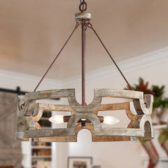 Drum Chandelier with 3 Lights in Distressed Brown Wood and Metal