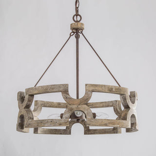 Drum Chandelier with 3 Lights in Distressed Brown Wood and Metal