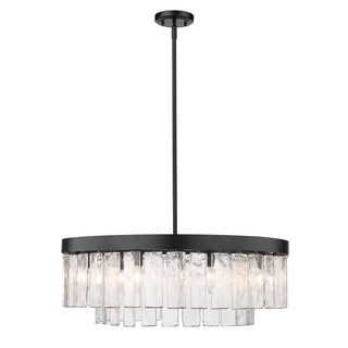 Drum Chandelier with 9 Lights and Hammered Glass Shade, Matte Black