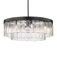 Drum Chandelier with 9 Lights and Hammered Glass Shade, Matte Black