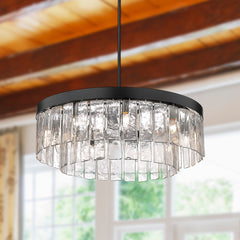 Drum Chandelier with 9 Lights and Hammered Glass Shade, Matte Black