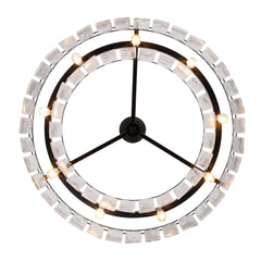 Drum Chandelier with 9 Lights and Hammered Glass Shade, Matte Black
