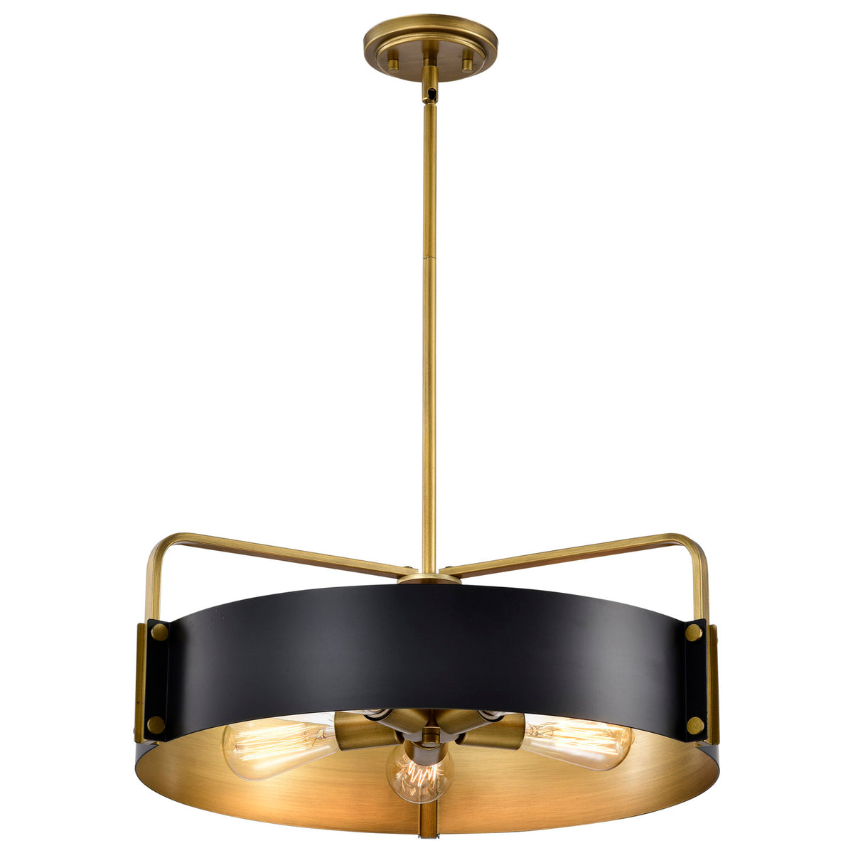 Drum Pendant Light, 5 Lights, Matte Black Metal with Gold Finish