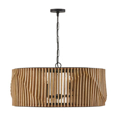 Drum Pendant Light, 6 Lights, Hand-Carved Mango Wood with Matte Black Frame