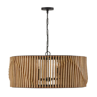 Drum Pendant Light, 6 Lights, Hand-Carved Mango Wood with Matte Black Frame