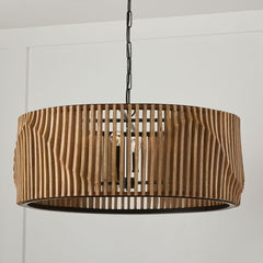 Drum Pendant Light, 6 Lights, Hand-Carved Mango Wood with Matte Black Frame